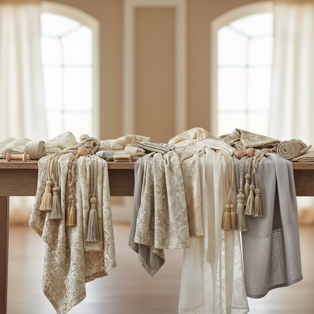 Muestras de tejidos decorativos y cortinas sobre mesa