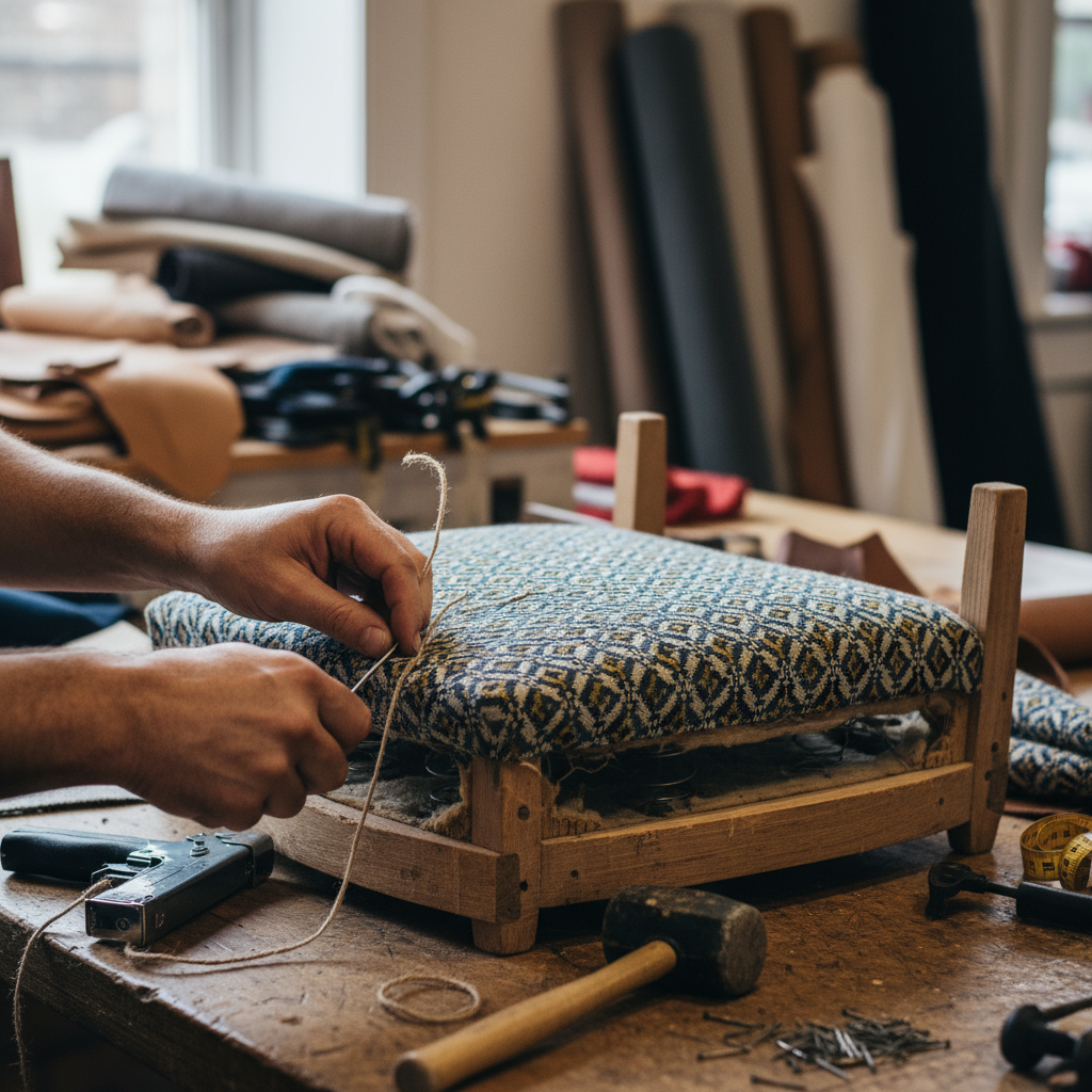 Manos reparando tapicería de silla en taller